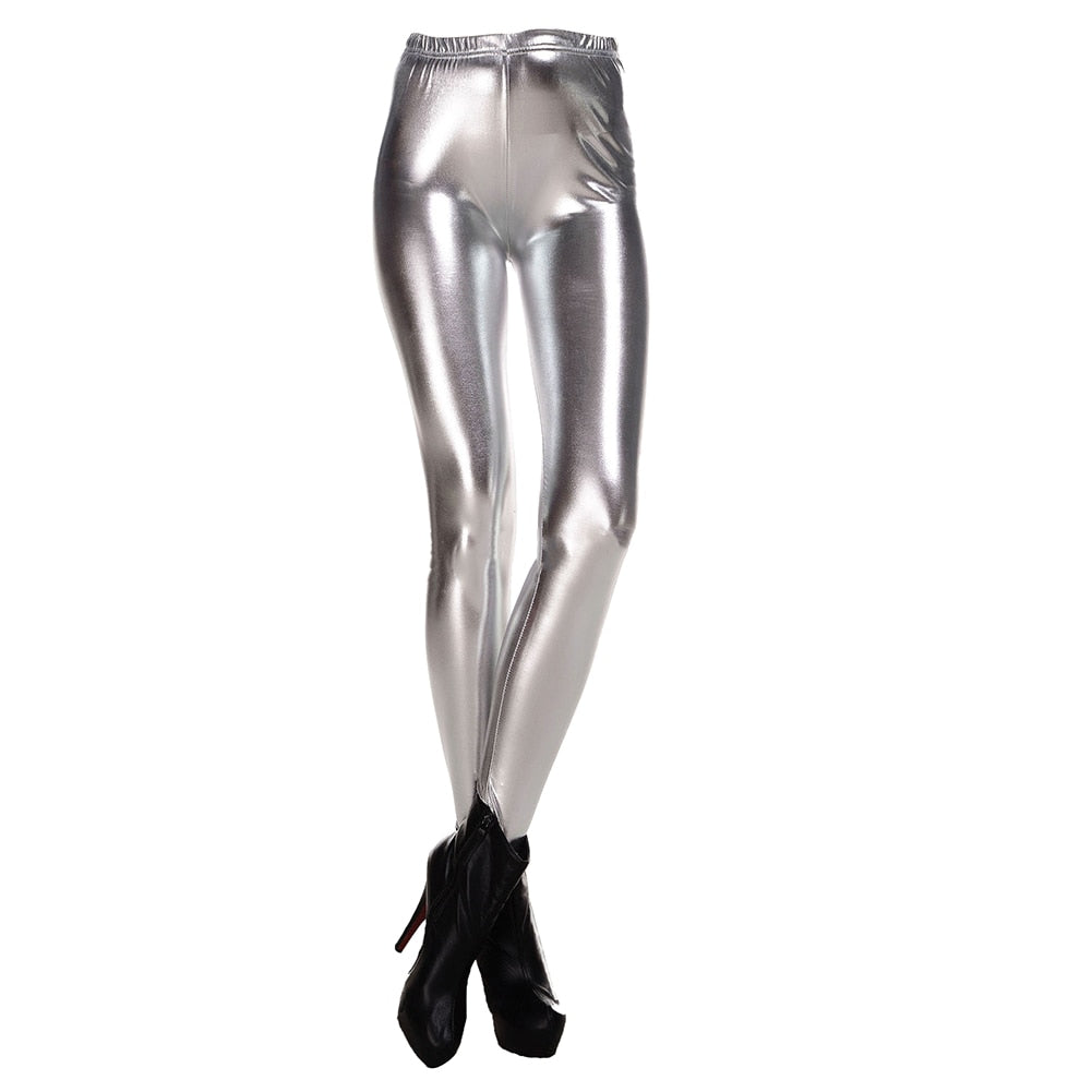 New Fashion Women Leggings Shiny Metallic Color Elastic Waist Skinny Sexy Pencil Pants Trousers Casual Pencil Trousers Silver M